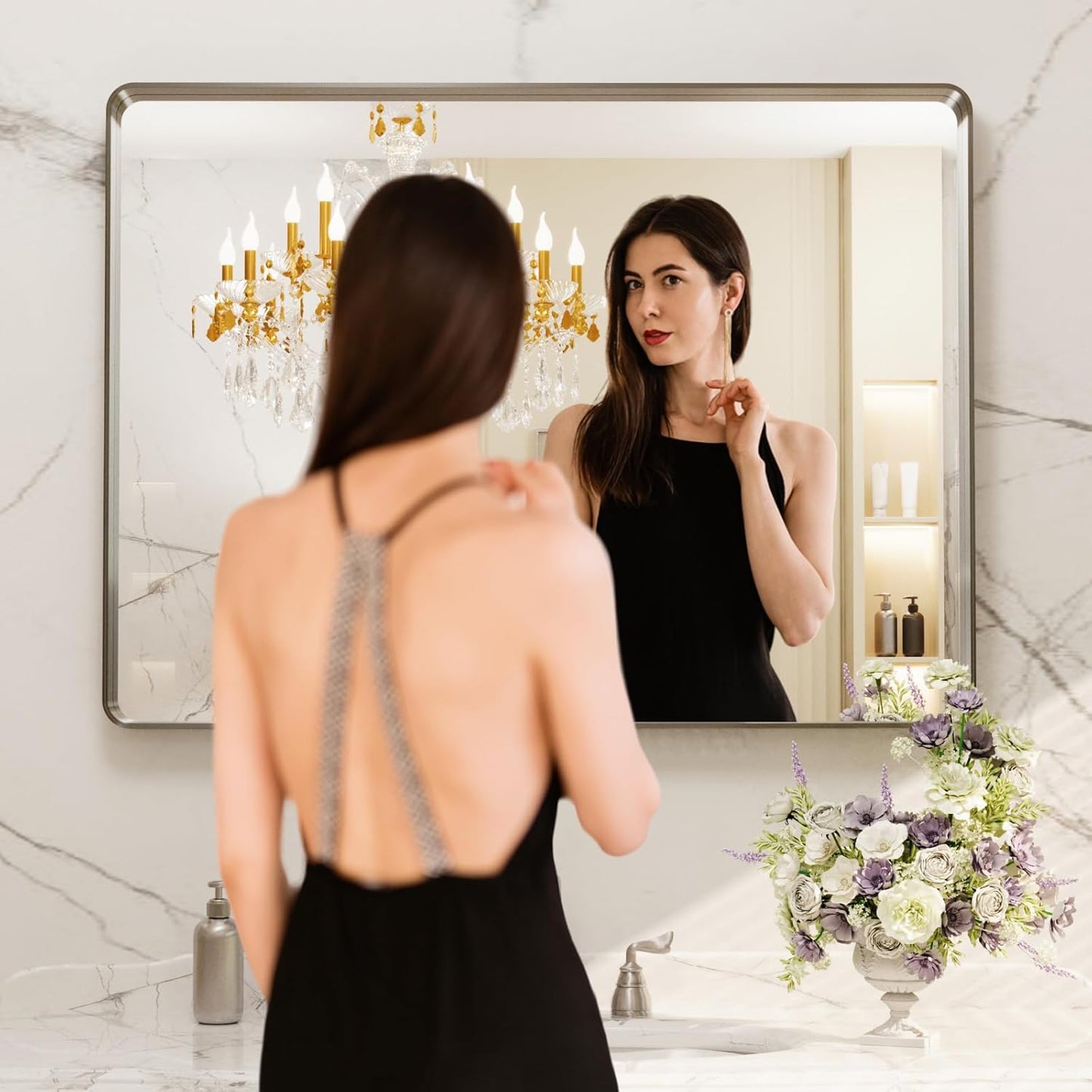 LOAAO 40X32 Inch Brushed Nickel Bathroom Mirror, Rounded Rectangle Silver Metal Frame Mirror, Brushed Nickel, Anti-Rust, Shatter Proof, Hangs Horizontally or Vertically