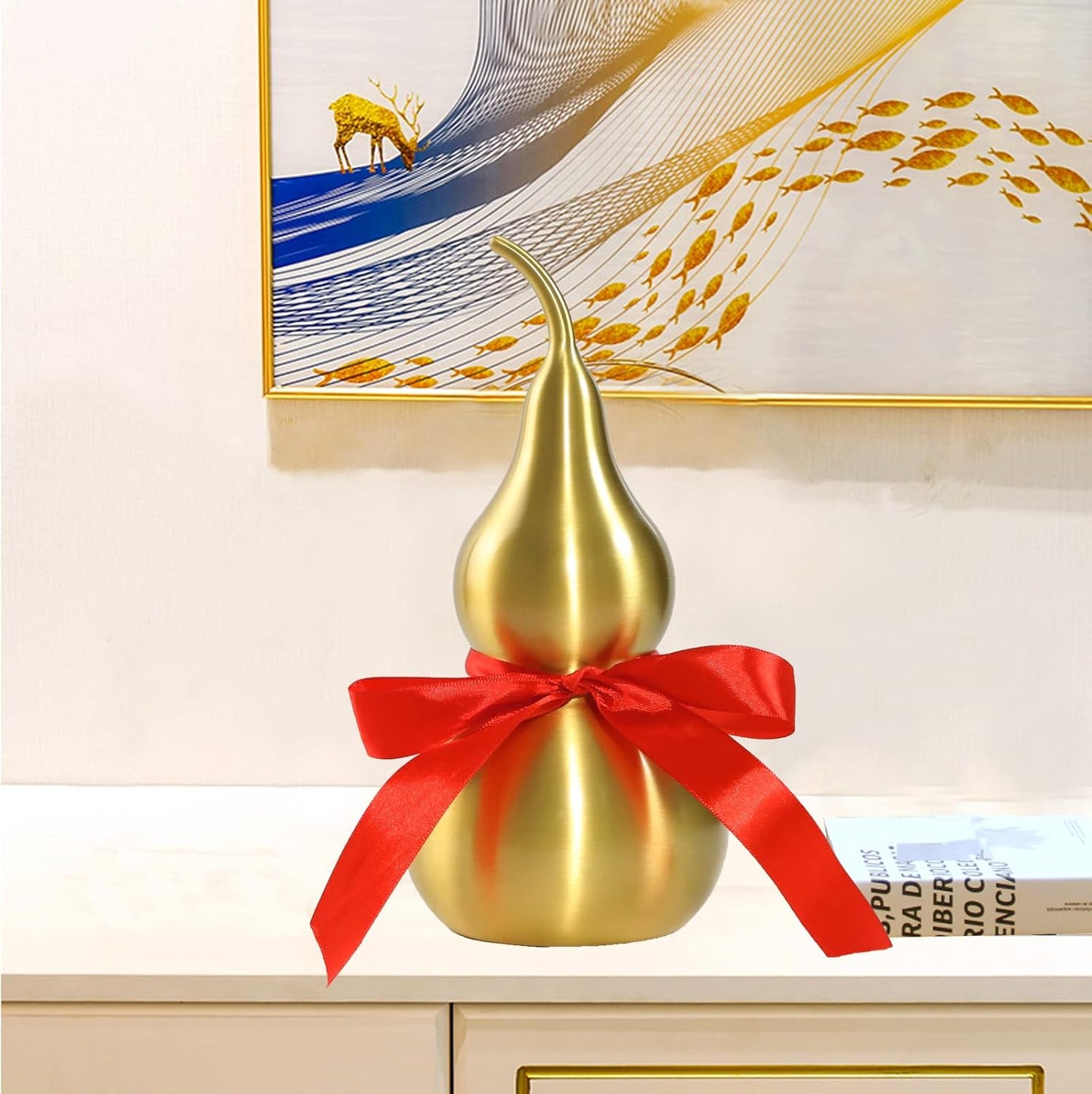 Feng Shui Chinese Brass Wu Lou Gourd,Treasure Statue Home Decoration Table Bookshelf Ornaments,Fortune Protection,Bring You Good Luck,Safty,Healthy,Success,9.84inch Tall,Full Brass