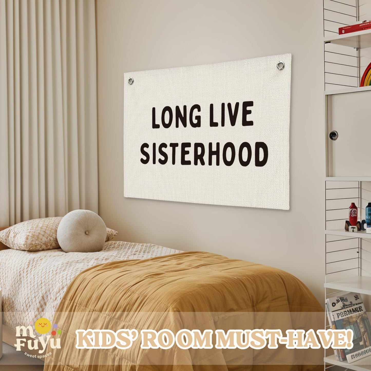 Girls Room Decor–Long Live Sisterhood Linen Canvas Banner, Wall Hanging for Nursery, Playroom, Teen Girl Bedroom 20x30 Inch