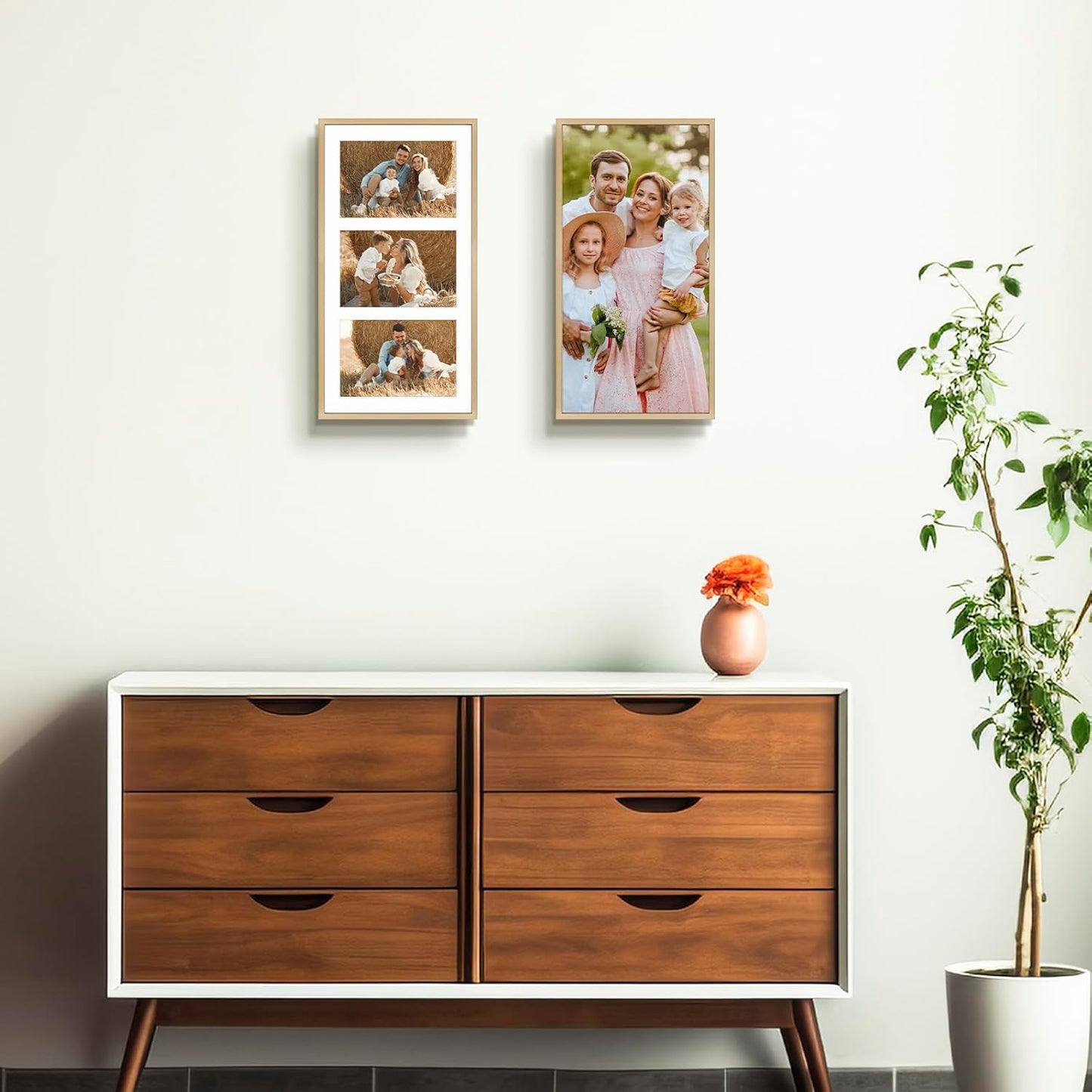 Frametory - 8.5x16.3 Aluminum Collage Picture Frame - Display 5x7 Pictures with 3 Openings Mat - Real Glass Front - Horizontal/Vertical Wall Mount - Gold 1 Pack