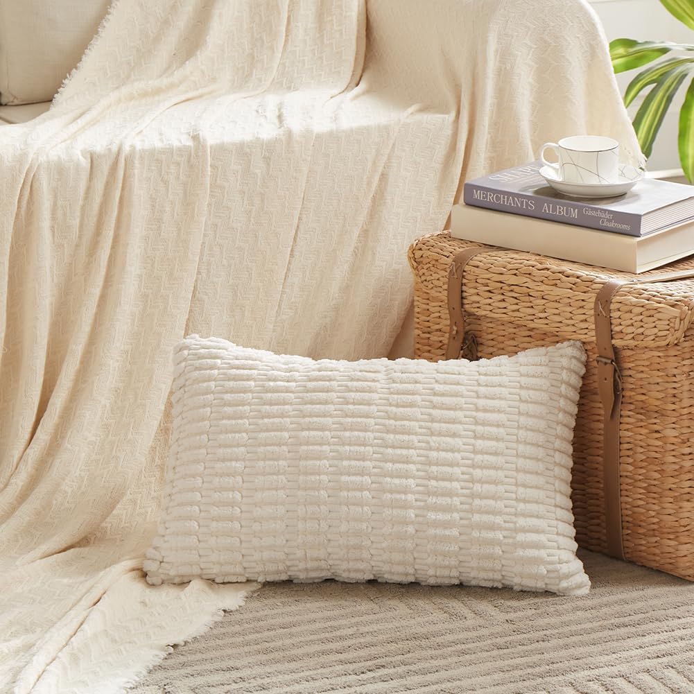 Fancy Homi 4 Packs Boho Cream Decorative Throw Pillow Covers 12x20 Inch for Living Room Couch Bed Sofa, Rustic Modern Farmhouse Home Decor, Soft Plush Corduroy Beige Cute Square Cushion Case 30x50 cm