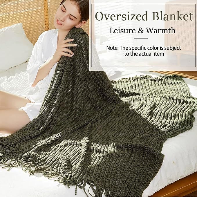 Blagic Knitted Throw Blanket for Couch Soft Farmhouse Boho Throw Blanket with Tassels Home Decorative Lightweight Olive Green Throws for Bed/Sofa, Wheat Textured, 60" W x 80" L