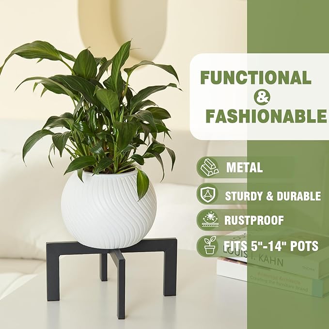 Heavy-Duty Metal Plant Stands Indoor Outdoor, 2/3 Pack Modern Plant Holder & Rattan Stool - Low Short Black Plant Stands Fit 5-12 Inch Pots (Plant Not Included)(3Pcs)