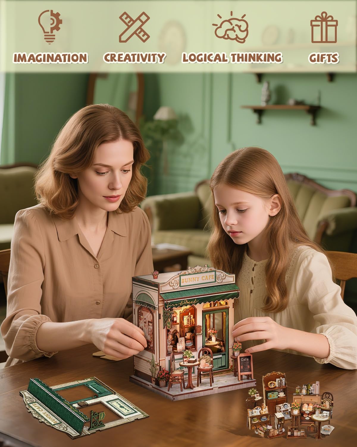 Cutefun Book Nook Kit - DIY Miniature Coffee Shop Dollhouse Kit for Adults and Teens, 3D Wooden Cafe Puzzle Mini House Building Kit with LED Bookshelf Insert Decor Creative Gifts (Sunny Cafe)