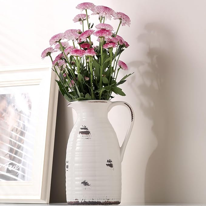 hjn Farmhouse Pitcher Vase for Flowers- Ceramic Pitcher Vase Decrative Pitchers for Your Kitchen/Home Decor/Office/Living Room/Bookshelf/Mantel/-White and Antique
