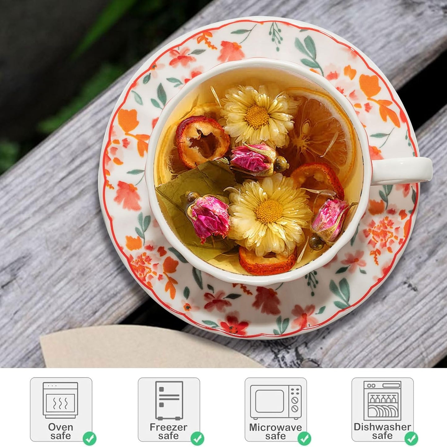 Cups and Saucers Coffee Tea Cups Set of 2 (7.4 oz/ 220ml) Ceramic Cup Espresso Mug with Gold Trim Floral Porcelain Vintage Flower Pattern for Gifts, Gatherings, Receptions,Breakfast, Home