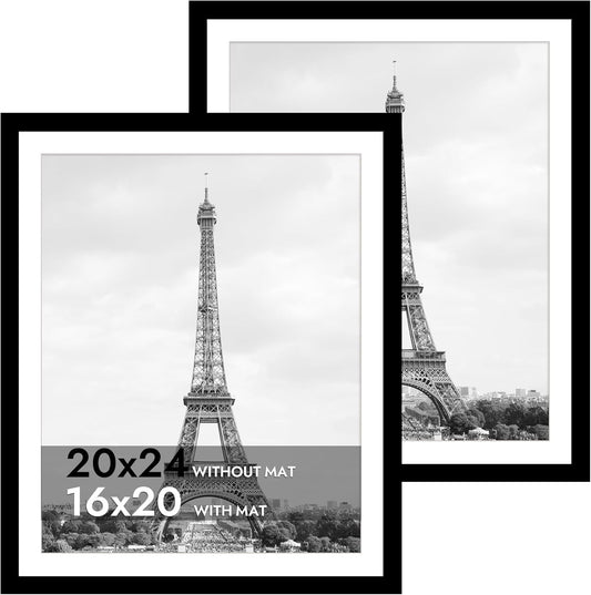 iRahmen 20x24 Picture Frame Set of 2 with Plexiglass, Black Wood Poster Frame for Wall Mounting Display 16x20 Picture with Mat or 20 x 24 Without Mat