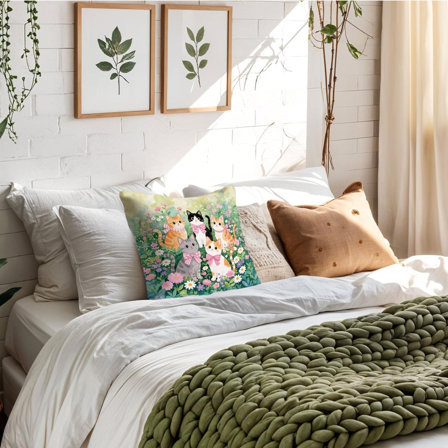 Coquette Pink Bow Cat Pillow Covers 18x18, Cat Room Decor, Cottagecore Wildflowers Cute Kitty Aesthetic Decorative Throw Pillow Covers Pillowcases for Bedroom Living Room Home Decor