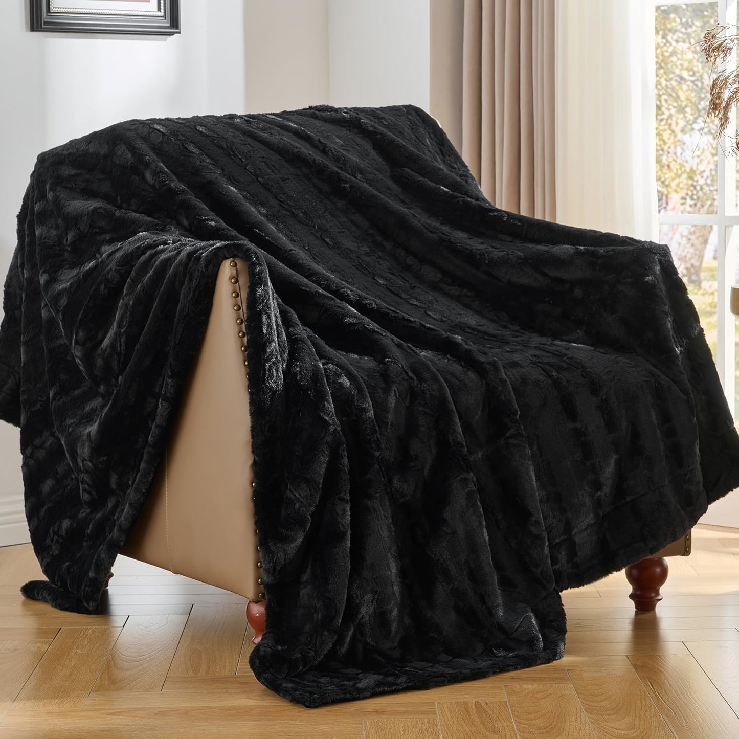 Krifey Black Faux Fur Throw Blanket for Couch Bed, 3D Marble Texture Soft Throws, Cozy Fuzzy Plush Thick Warm Blanket, Faux Rabbit Fleece, Christmas Birthday Gifts for Men Dad, Cool Black, 50x60in