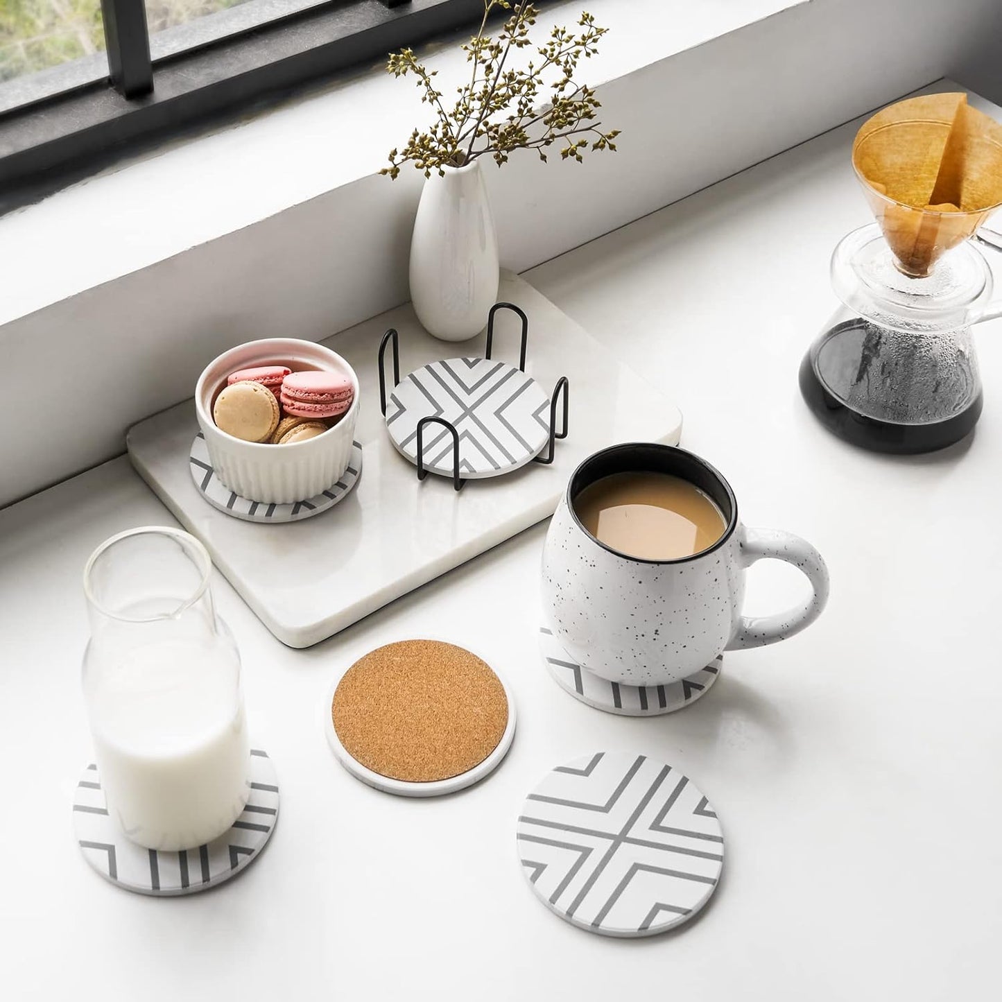 Lifver 6 Piece Absorbent Stone Coaster Set with Holder,Drink Spills Coasters, Grey-Lines