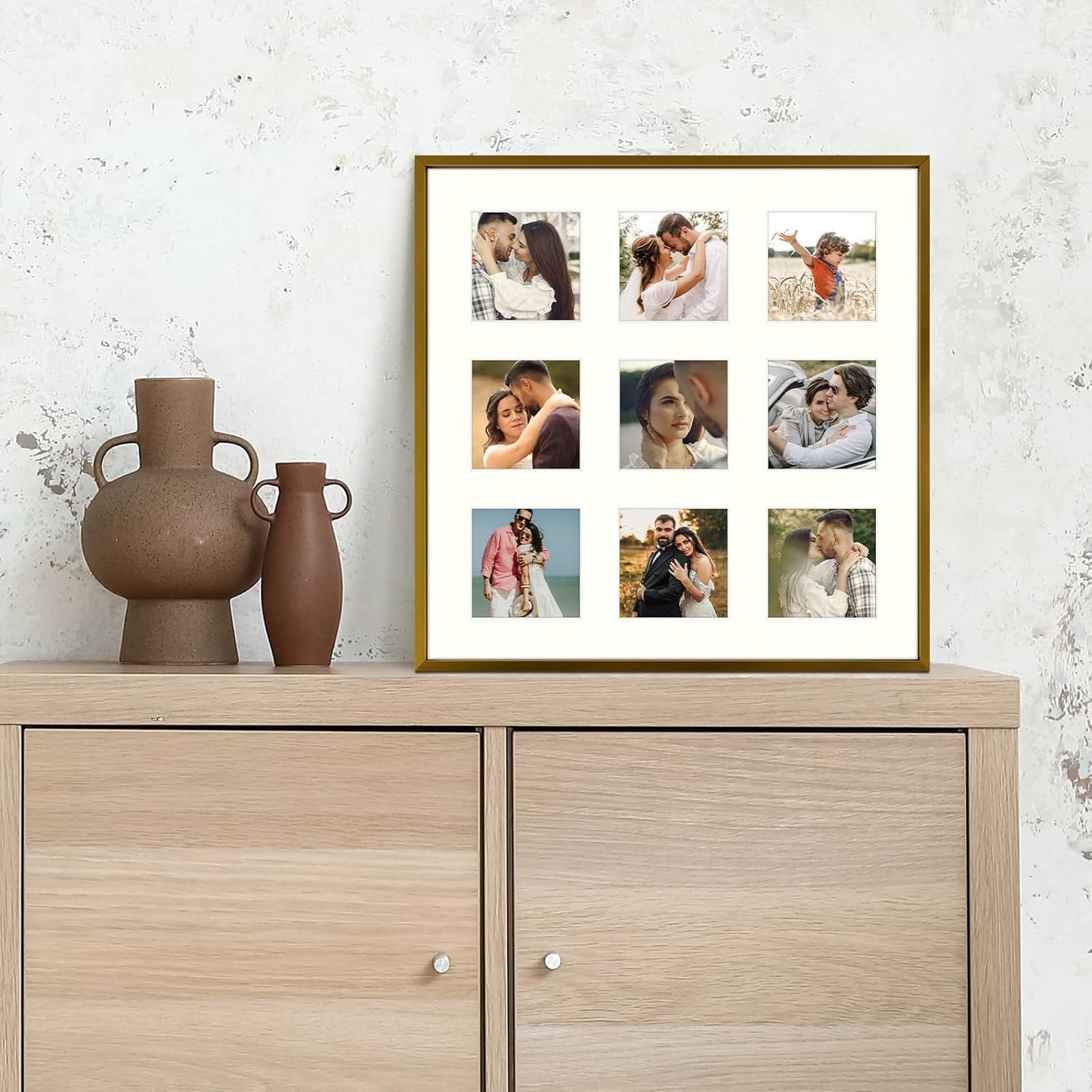 Frametory - 16x16 Aluminum Collage Picture Frame - Display 4x4 Pictures with 9 Openings Mat - Real Glass Front - Horizontal/Vertical Wall Mount - Bronze 1 Pack