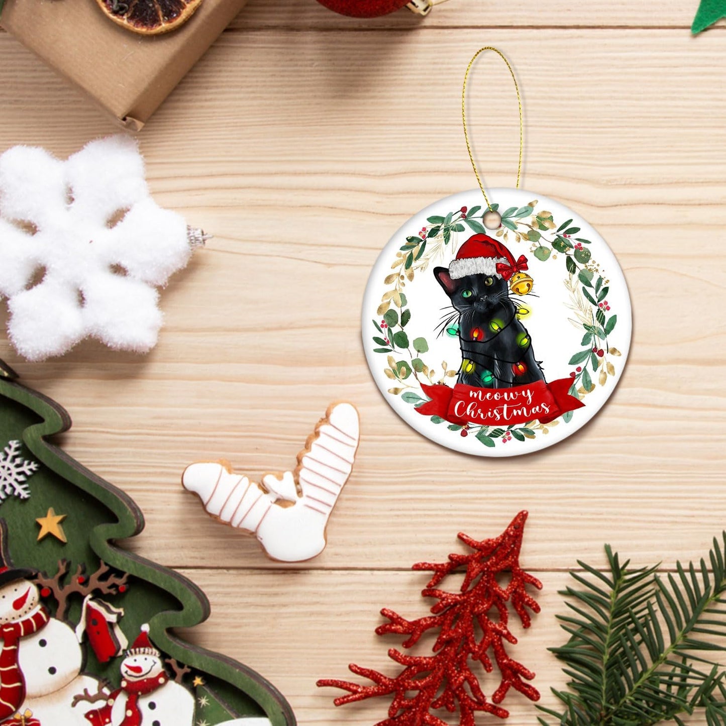 Black Cat Christmas Ornament - Meowy Christmas Tree Decoration, Cat Gifts and Decor, Hanging Ornament