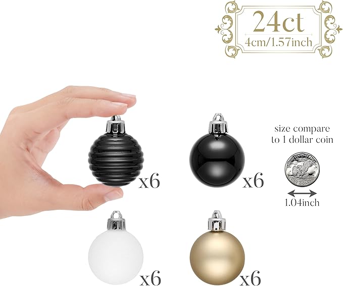 Valery Madelyn 1.57 Inches Small Christmas Tree Decorations Ornament Set for Fall Halloween, 24ct Black White Gold Shatterproof Hanging Ball Ornaments Holiday Party Decor