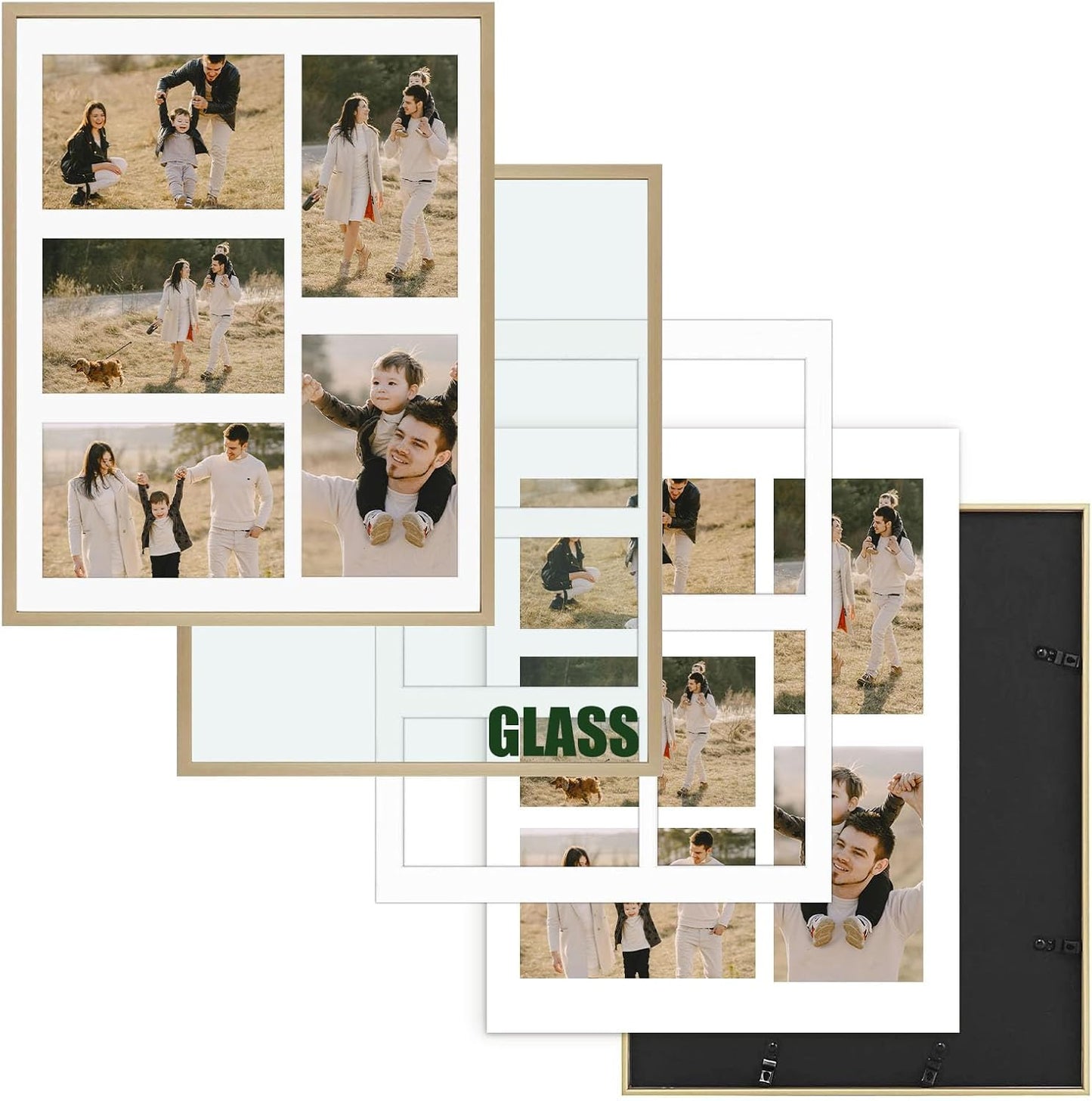 Frametory - 11x14 Aluminum Collage Picture Frame - Display 4x6 Pictures with 5 Openings Mat - Real Glass Front - Horizontal/Vertical Wall Mount - Gold 1 Pack