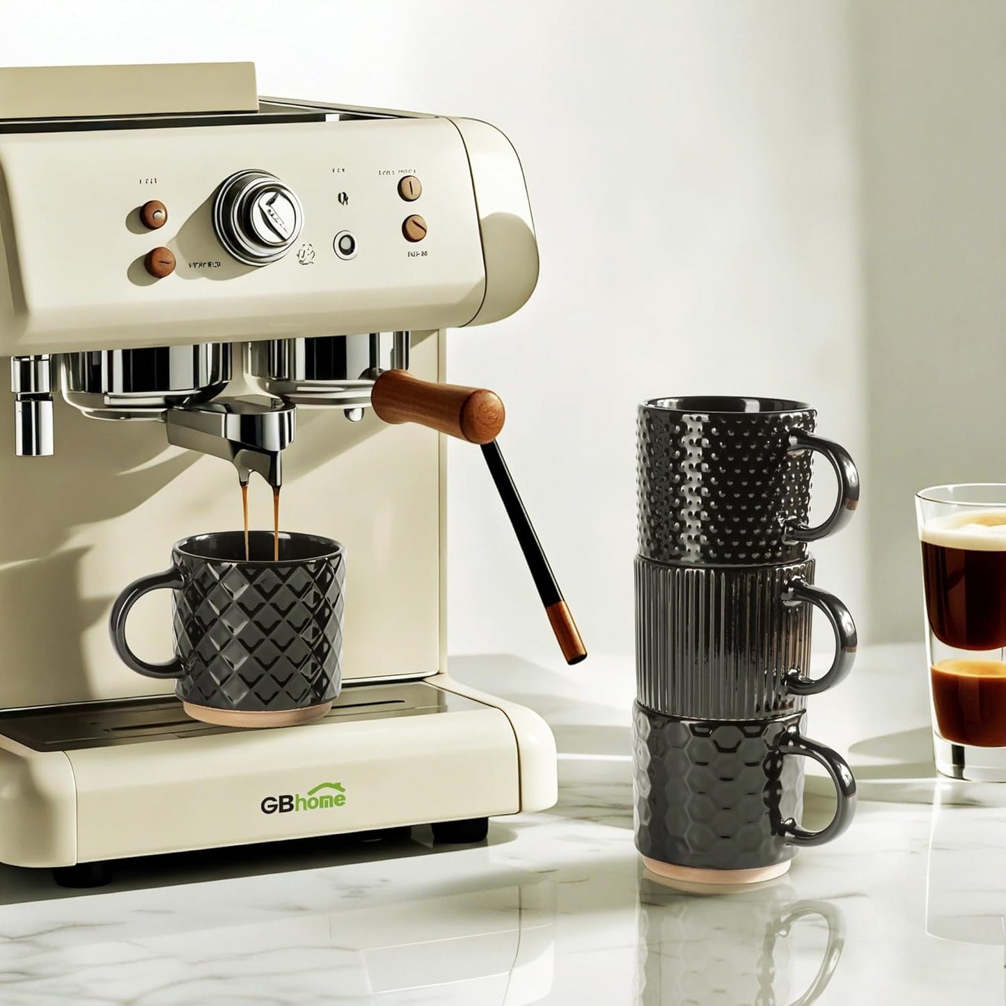 GBHOME 12OZ Stackable Coffee Mugs with Stand, Ceramic Coffee Mugs with Texture Patterns for Man,Woman,Dad,Mom, Modern Coffee Cups Set of 4 for Latte/Cappuccino/Cocoa. Dishwasher&Microwave Safe,Black