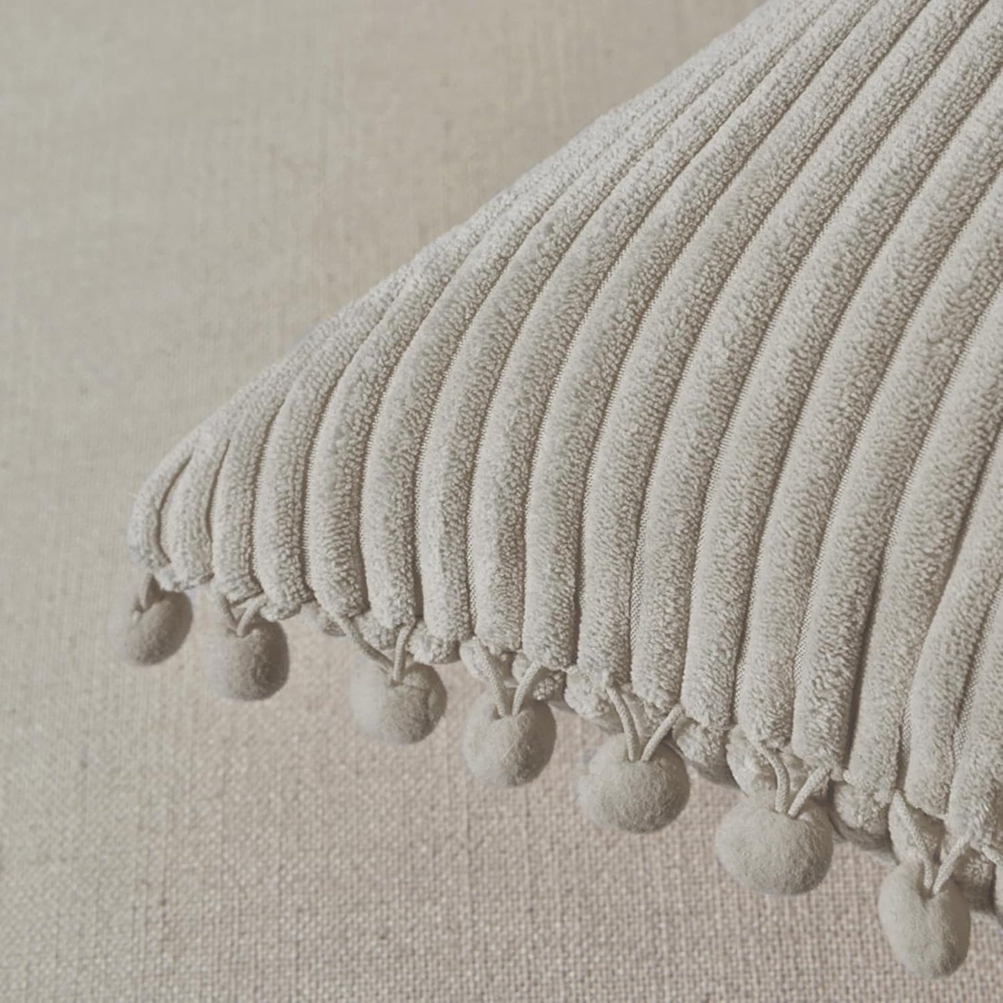 Fancy Homi Pack of 2 Boho Neutral Taupe Lumbar Decorative Throw Pillow Covers with Pom-poms, Soft Corduroy Solid Rectangle Cushion Cases Set for Couch Sofa Bedroom Car(12x20 Inch/30x50 cm)