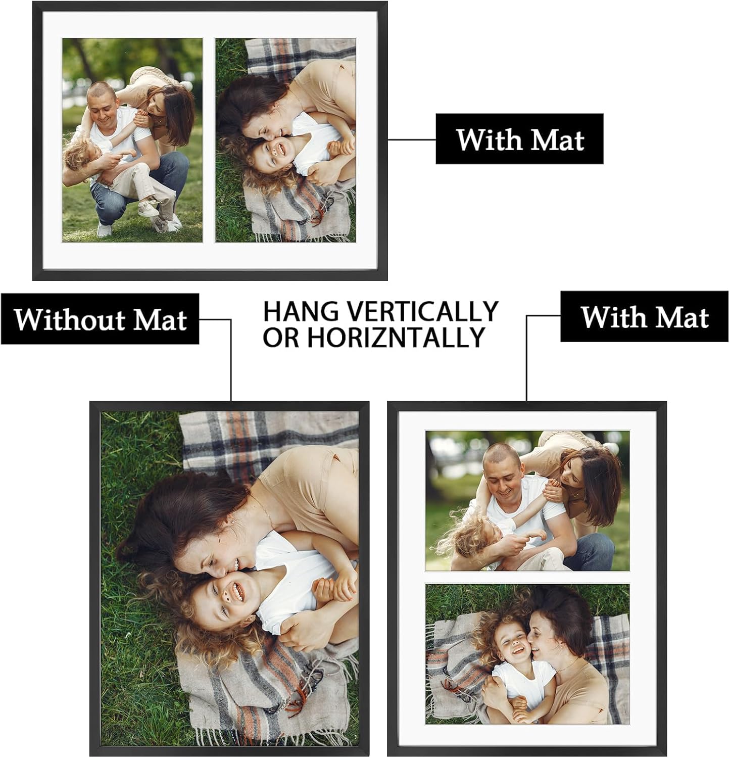 Frametory - 8.5x11 Aluminum Collage Picture Frame - Display 5x7 Pictures with 2 Openings Mat - Real Glass Front - With Easel Stand for Horizontal/Vertical Wall Mount - Black 1 Pack