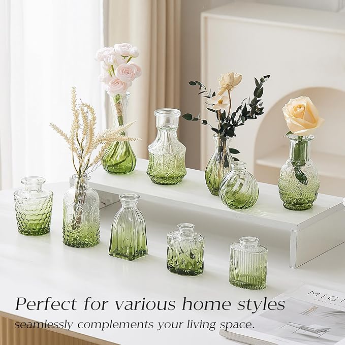 Glass Bud Vase Set of 30 - Small Vases for Flowers in Bulk - Assorted Vintage Crystal Vases for Flowers, Table Centerpieces (Green, 30 Pcs)