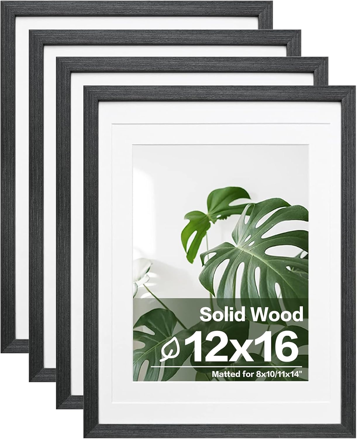 Egofine 12x16 Picture Frames Set of 4, Made of Solid Wood Covered by Plexiglass 9x12 and 11x14 with Mat or 12x16 without Mat, for Wall Mounting Photo Frame Rustic Black