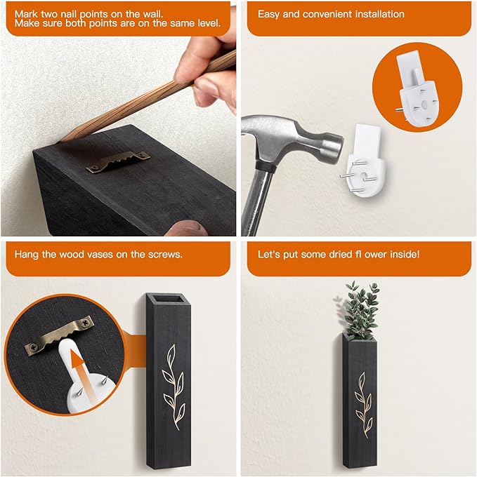 Wood Wall Planter, Farmhouse 4 Pack Indoor Pocket Wall Vases Decor for Living Room Bedroom Dried Flowers Faux Greenery Plants (Black)