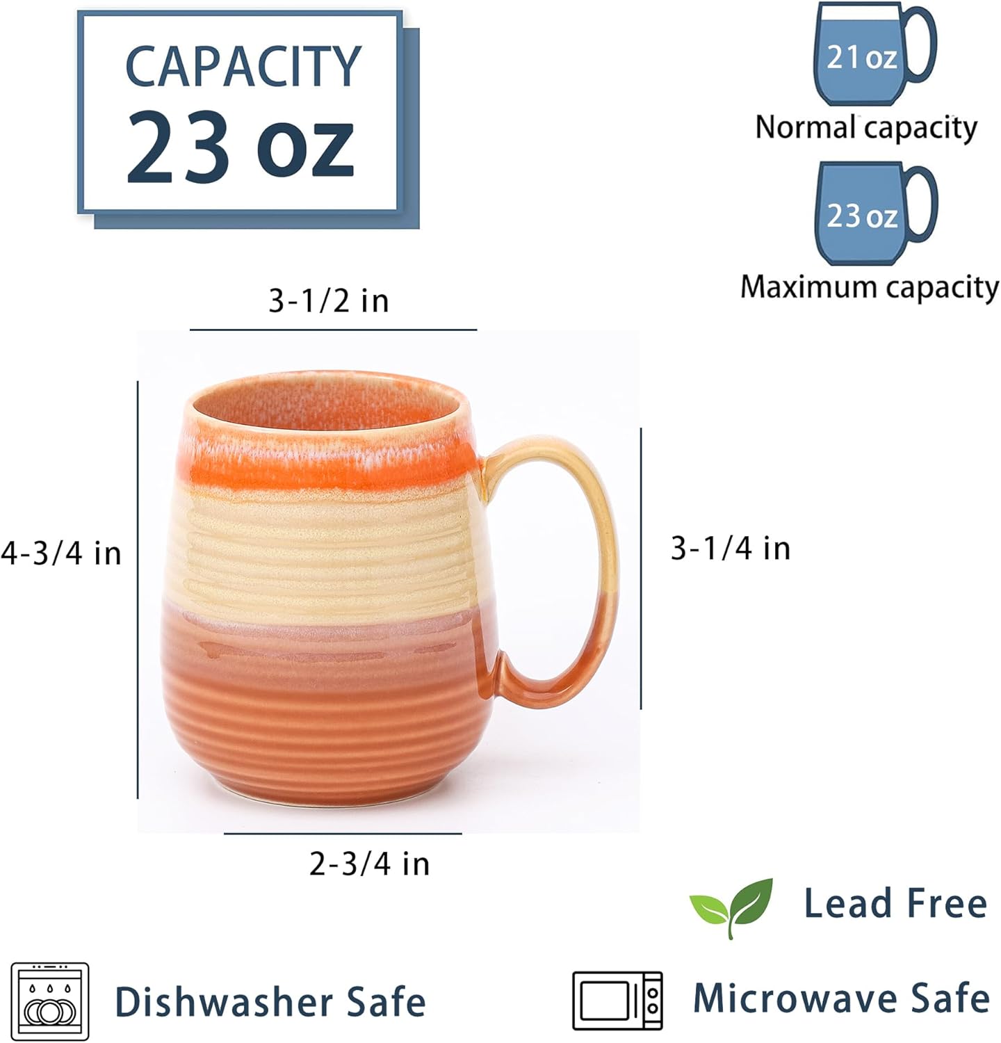 Large Coffee Mugs, Extra Large Ceramic Coffee Mug, 23 oz Handmade Pottery Mug, Big Tea Cups with Handle for Office and Home, Dishwasher and Microwave Safe (Orange)