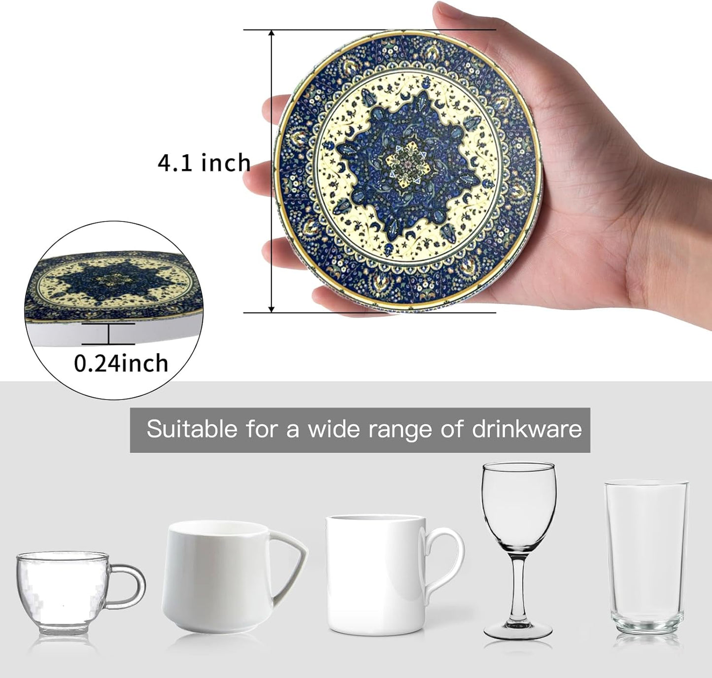 Coasters Absorbent Ceramic Coaster Drink Coasters with Cork Back Persian Pattern Set of 6 Round Coaster Non Slip for Coffee Table Wine Glass Home Bar 4 Inch, Colorful