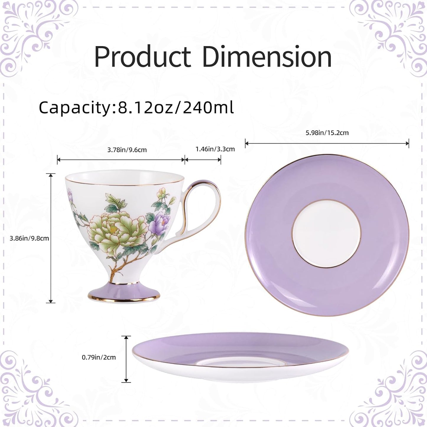 KAMMAK Ceramic Coffee Cups Saucers Set of 2, Porcelain Espresso Cups with Saucers, 8.12 oz Handcrafted Elegant Bone China Tea Cups, Purple Purple & Mint Green Flower Teacup for Party, Office, Gift