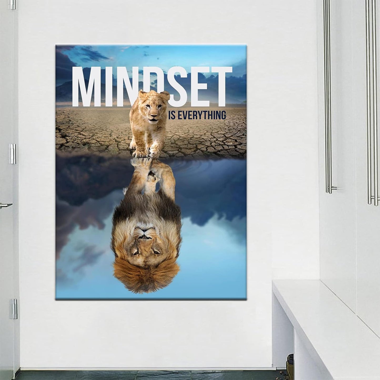 Inspirational Wall Art Lion Canvas Mindset is Everything Decor Animal Paintings Motivational Poster Framed Prints Decoration Use for Office Living Room Bathroom Guest Room Wall Artwork [30''Wx 40''H]