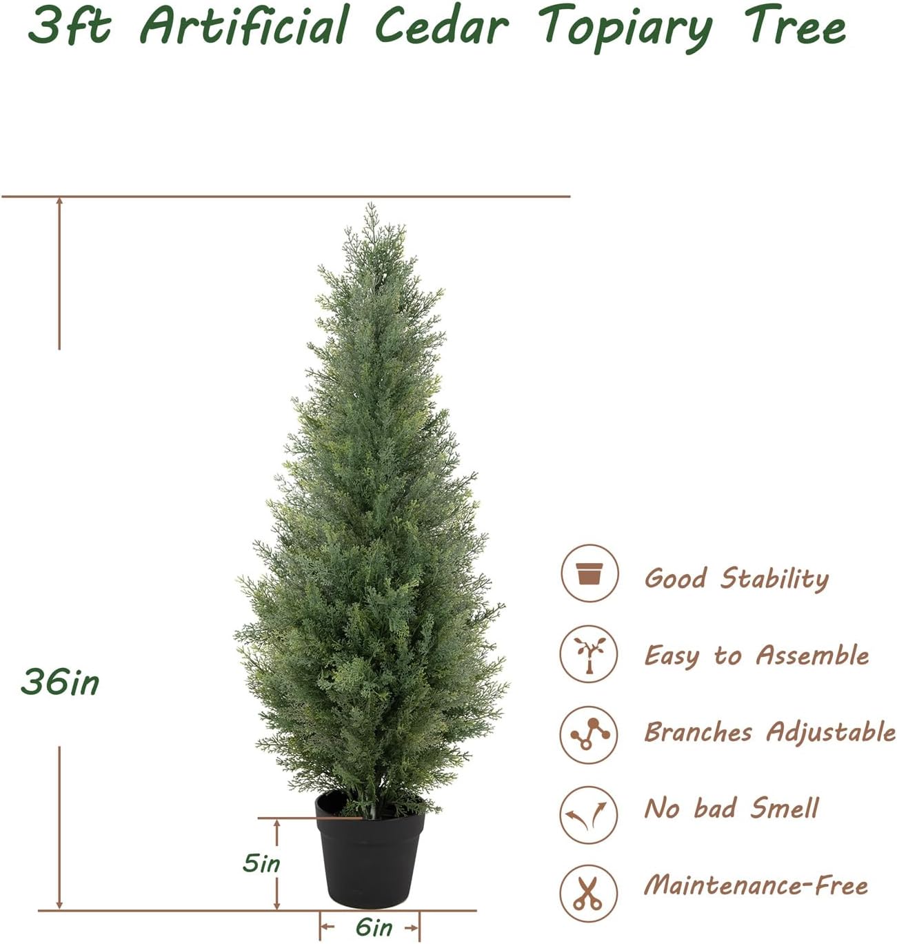 Bellacat 3ft Artificial Topiary Trees Outdoor UV Resistant, 35in Fake Cypress Tree with Full & Realistic Leaves, Faux Cedar Tree for Proch Patio Front Door Deck Balcony Yard Decor, 2 Pack