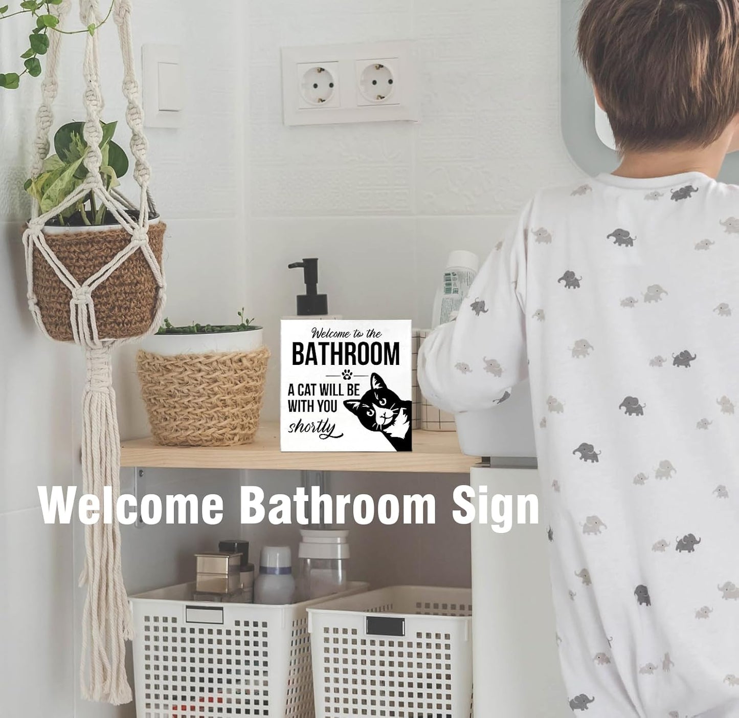 Cute Cat Bathroom Decor and Accessories Desk Decorations Wood Box Sign, Wood Decor for Bathroom Signs, Welcome To The Bathroom A Cat Will Be With, Cats Lover Gifts, 5x5 inch