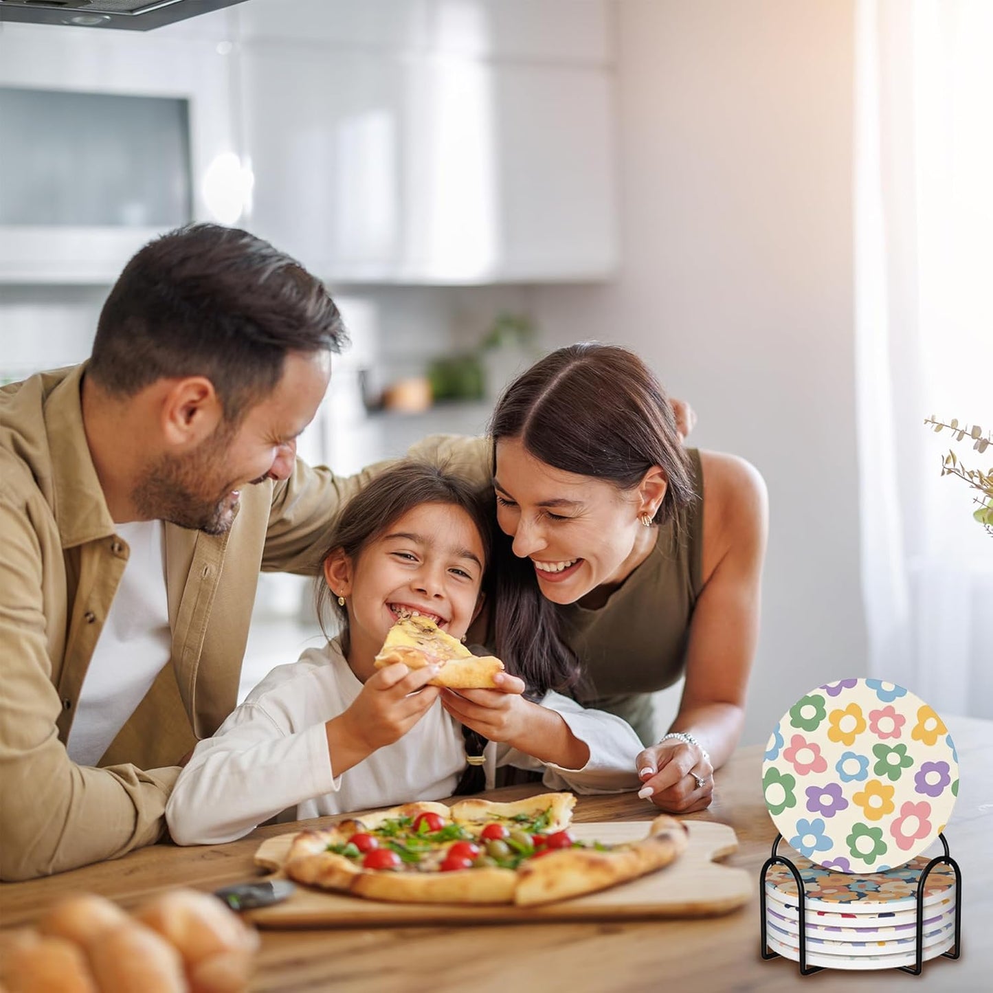 Drink Coasters for Drinks Set of 6, Vintage Groovy Flowers Absorbent Round Ceramic Stone Mat Coaster, with Cork Base and Metal Holder, Home Bar Decor House Warming Gift