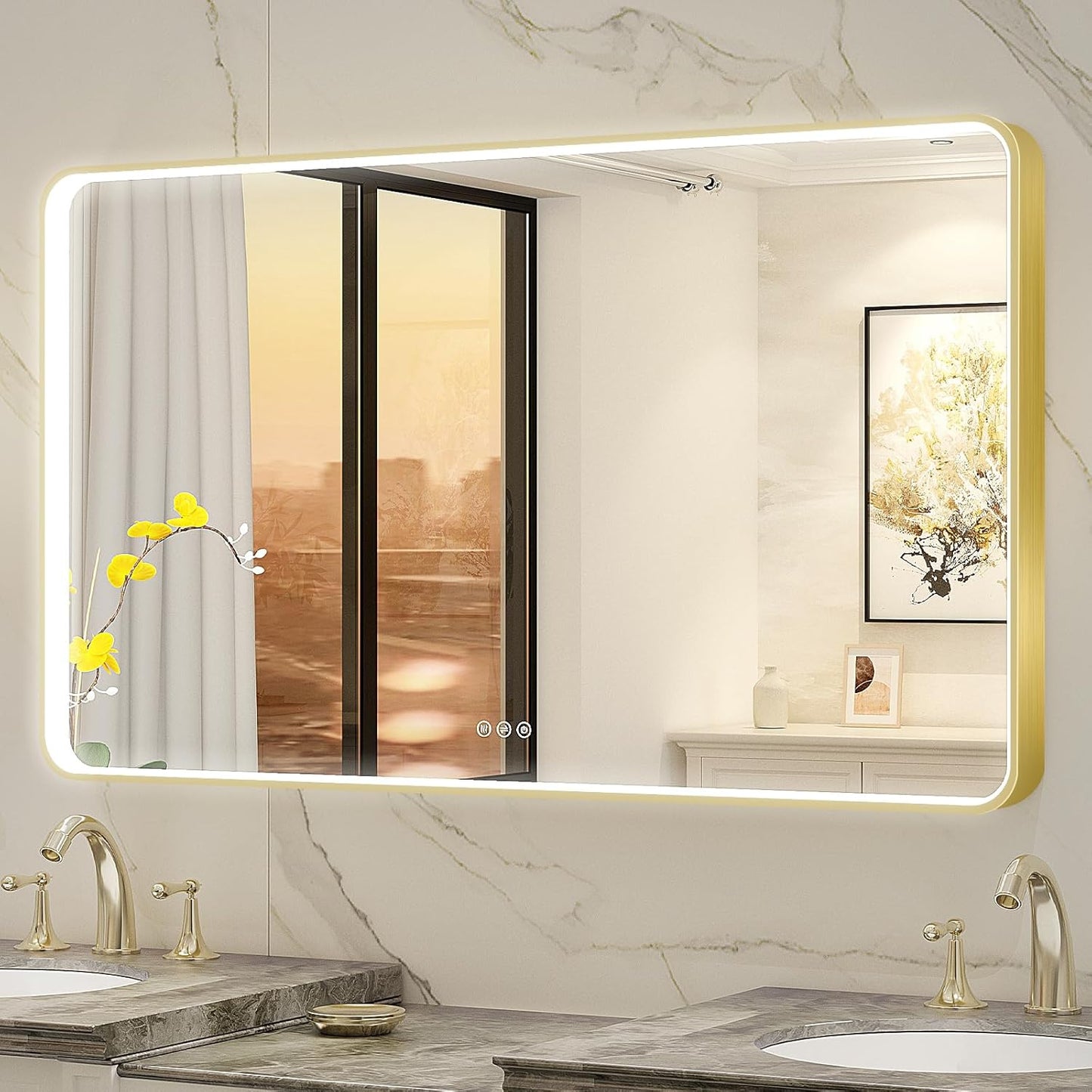 LED Mirror for Bathroom 48X28 Inch Gold Framed with Anti-Fog, Stepless Dimmable, Front Lit, LED Bathroom Vanity Mirror for Wall, Memory Function, Shatter-Proof