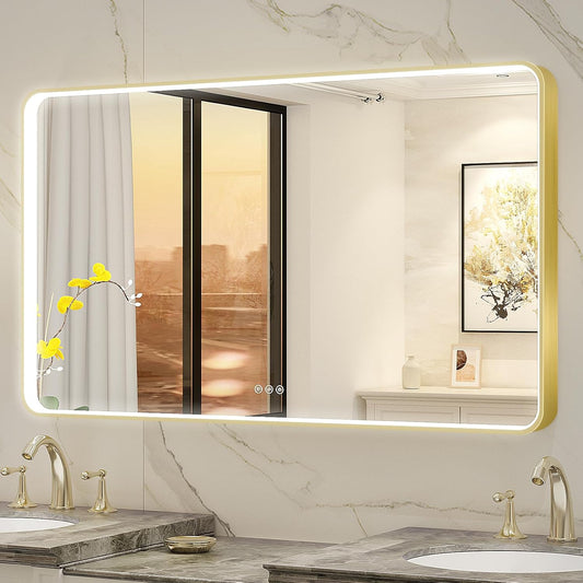 LED Mirror for Bathroom 48X28 Inch Gold Framed with Anti-Fog, Stepless Dimmable, Front Lit, LED Bathroom Vanity Mirror for Wall, Memory Function, Shatter-Proof