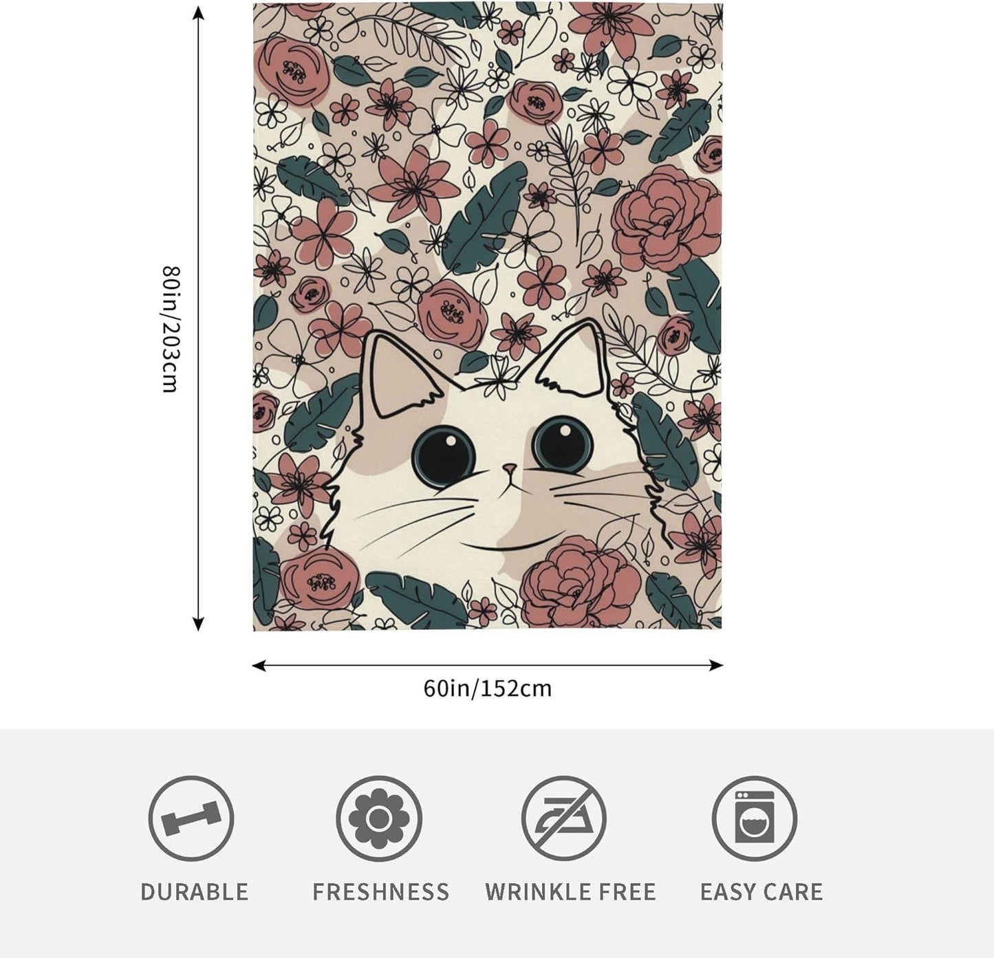 Cute Cat Floral Throw Blanket, Wildflowers Fuzzy Blanket, Ultra Soft Cozy Flannel Throw Blankets Lightweight Fleece Blankets for Bed Couch Sofa 60"×80"