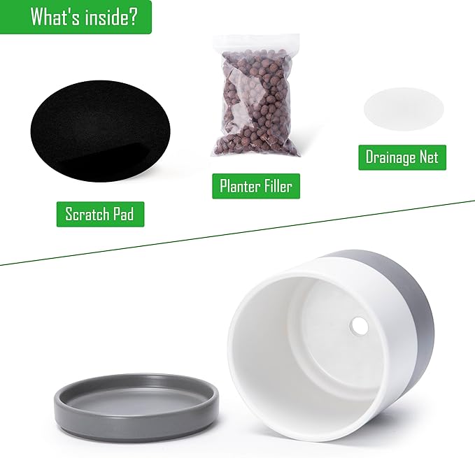 D'vine Dev Set of 2 Plants Pots, 6.5 Inch Ceramic Planter Pot for Plants with Drainage Hole and Saucer, White/Speckled Grey, 94-V-C-6