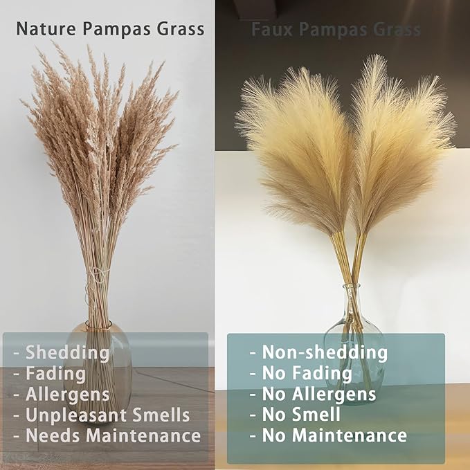 38" 10 Stems Faux Pampas Grass Decor - Tall Pampas Grass for Floor Vase, Boho Home Wedding Mothers Day Decoration (Beige Mixed)
