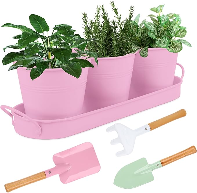 Indoor Herb Garden Set of 3 with Tray and 3 Types of Gardening Tools, Metal Plant Pots Herb Garden Planter Kit with Drainage for Plants (Pink)
