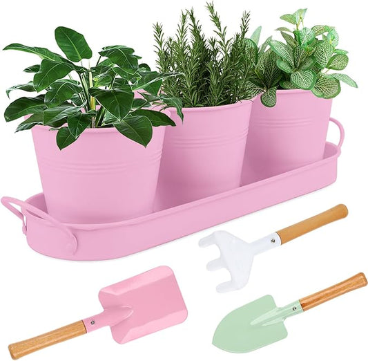 Indoor Herb Garden Set of 3 with Tray and 3 Types of Gardening Tools, Metal Plant Pots Herb Garden Planter Kit with Drainage for Plants (Pink)