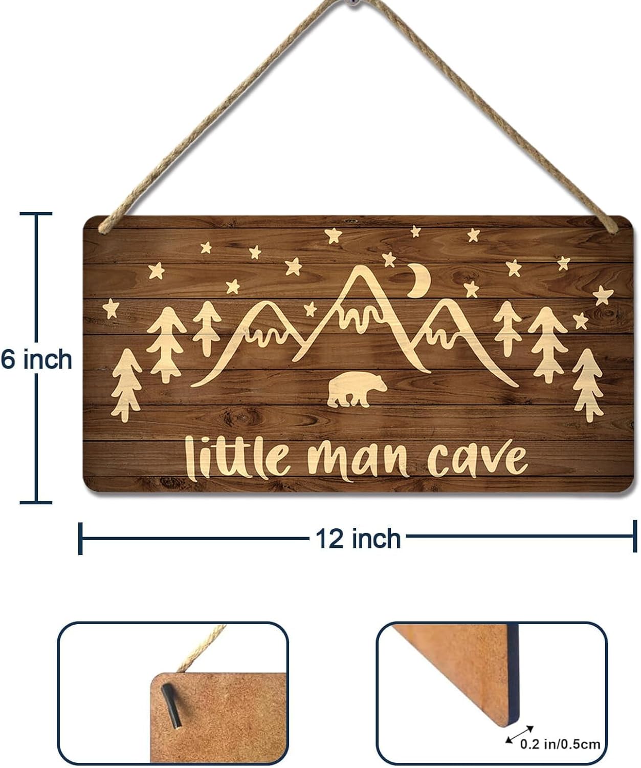 Little Man Cave Sign Woodland Nursery Wall Decor for Baby Boys Rustic Bear Forest Animal Wood Signs, Nursery Room Decor for Boys Bedroom Farmhouse Sign Wooden Wall Art 12x6 Inch