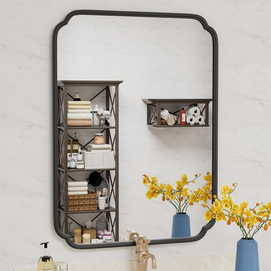 Matte Black Bathroom Vanity Mirror for Over Sink 30" x 40" Modern Rounded Corner Rectangle Wall Mirror Decorative with Non-Rusting Iron Metal Framed (Horizontal/Vertical)