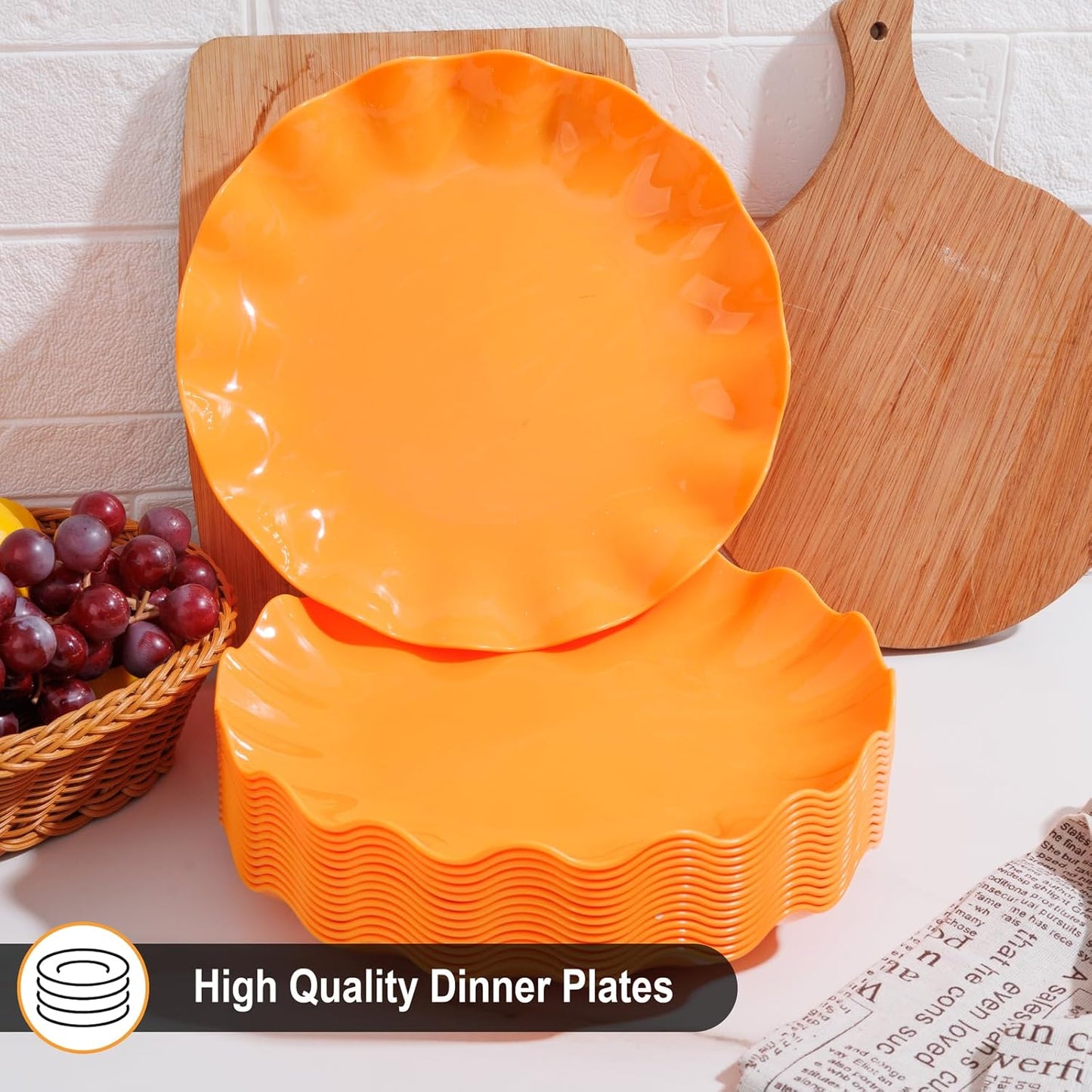 LIYH 20 Pcs 10 Inch Orange Plastic Scalloped Plates Reusable - Unbreakable Dinner Plates-Dishwasher Safe, Perfect for Halloween & Thanksgiving Party BPA Free