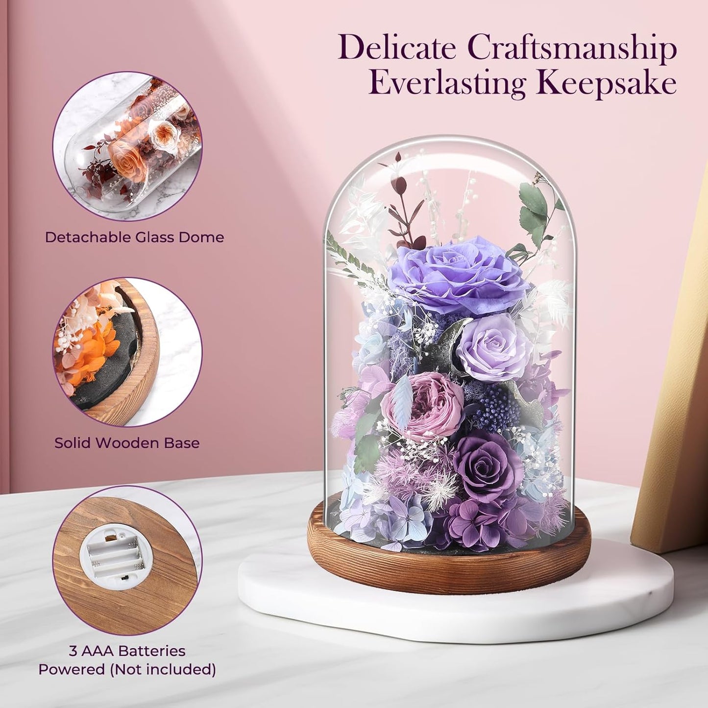Eternal Rose Lilac Purple Flower Preserved Long Lasting Stable Color Natural Material Symbol of Everlasting Love for Wife Mothers Select Anniversary Rose Gift Birthday Present