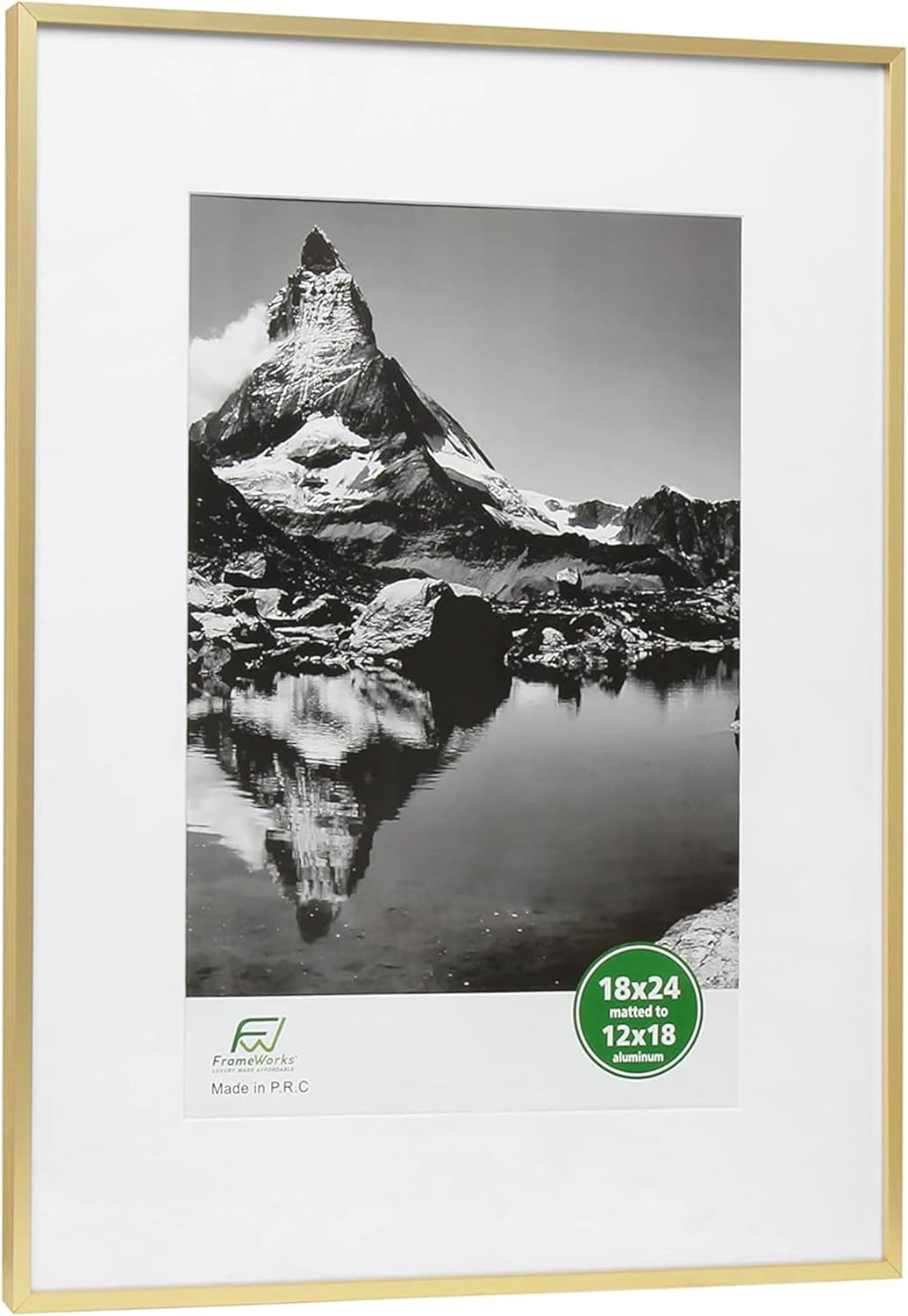 FrameWorks 18x24 Matted to 12x18 Picture Frame – Aluminum Frame w/Tempered Glass, Removable Mat for Photos, Posters, Art, Stylish Wall Frame for Home Decor, Gallery Walls, Office, Living Room - Gold