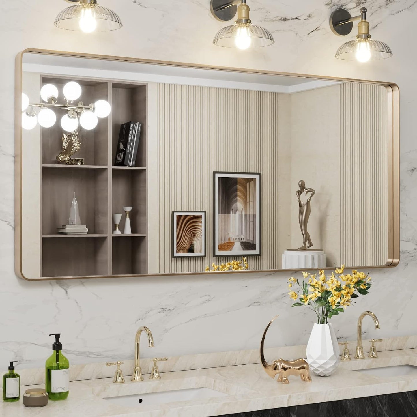 LOAAO 60”X28” Gold Bathroom Mirror, Rounded Rectangle Gold Frame Mirror, Brushed Gold Bathroom Vanity Mirror Wall-Mounted, Anti-Rust, Tempered Glass, Hangs Horizontally or Vertically