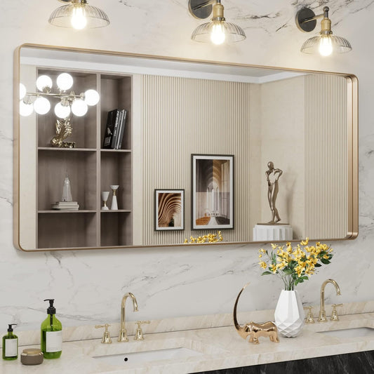 LOAAO 60”X28” Gold Bathroom Mirror, Rounded Rectangle Gold Frame Mirror, Brushed Gold Bathroom Vanity Mirror Wall-Mounted, Anti-Rust, Tempered Glass, Hangs Horizontally or Vertically