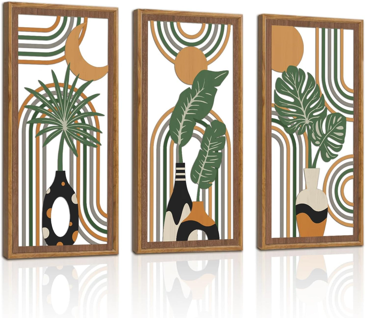 KAIRNE Boho Wooden Wall Art,Bohemian Wood Wall Decor Set of 3(16”X8”),Farmhouse Geometric Hanging Decor,Abstract Minimalist Sun Moon Artwork for Living Room Bedroom Nursery Office Decoration,Framed