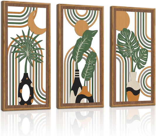 KAIRNE Boho Wooden Wall Art,Bohemian Wood Wall Decor Set of 3(16”X8”),Farmhouse Geometric Hanging Decor,Abstract Minimalist Sun Moon Artwork for Living Room Bedroom Nursery Office Decoration,Framed