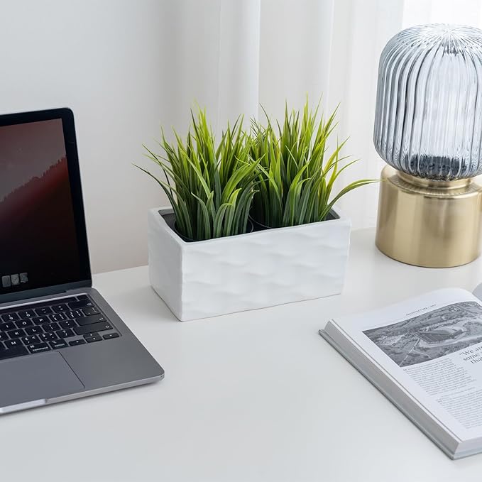 MyGift Modern Wave Pattern White Ceramic Rectangular Planter Pot - Decorative Indoor Flower Container for Home, Office, Patio, and Garden, 8-Inch