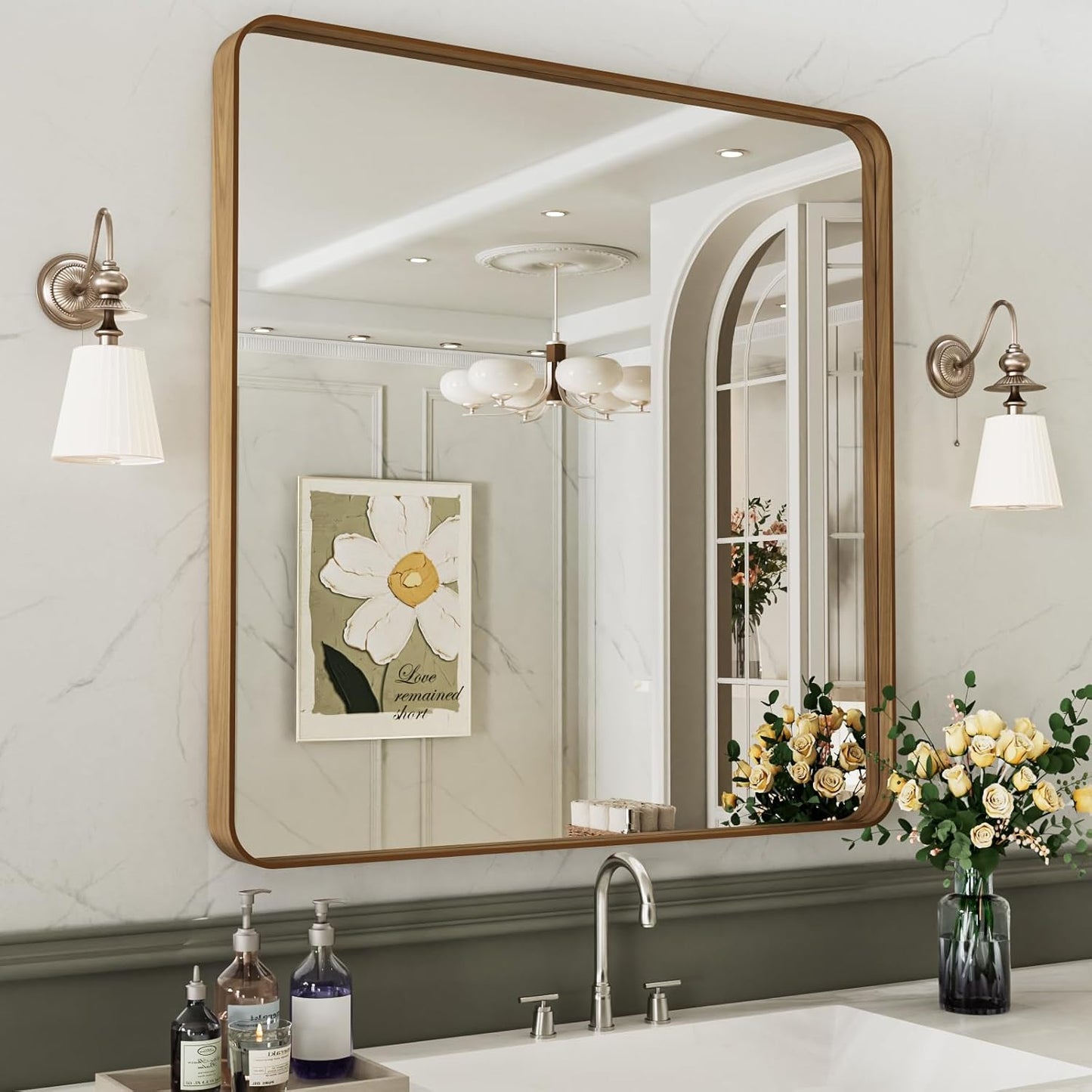 LOAAO 38X38 Inch Bathroom Mirror with Wood Grain Colored Metal Frame, Rounded Rectangle Metal Framed Bathroom Mirror, Anti-Rust, Hangs Horizontally or Vertically, Tempered Glass