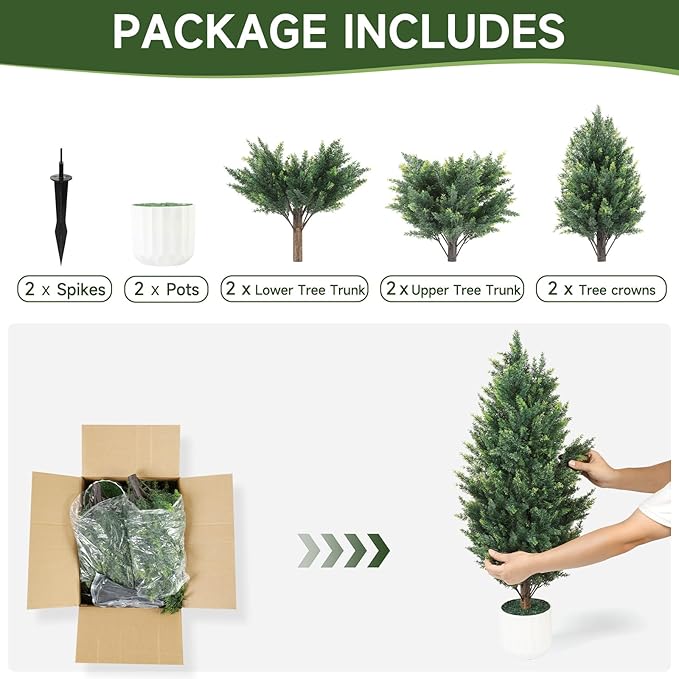 3FT Artificial Cedar Topiary Trees Set of 2 Detachable Planter & Spike,UV Resistant Faux Plants Outdoor and Indoor,Realistic Fake Bushes Pine Tree for Front Porch Decor Patio Offices Living Room